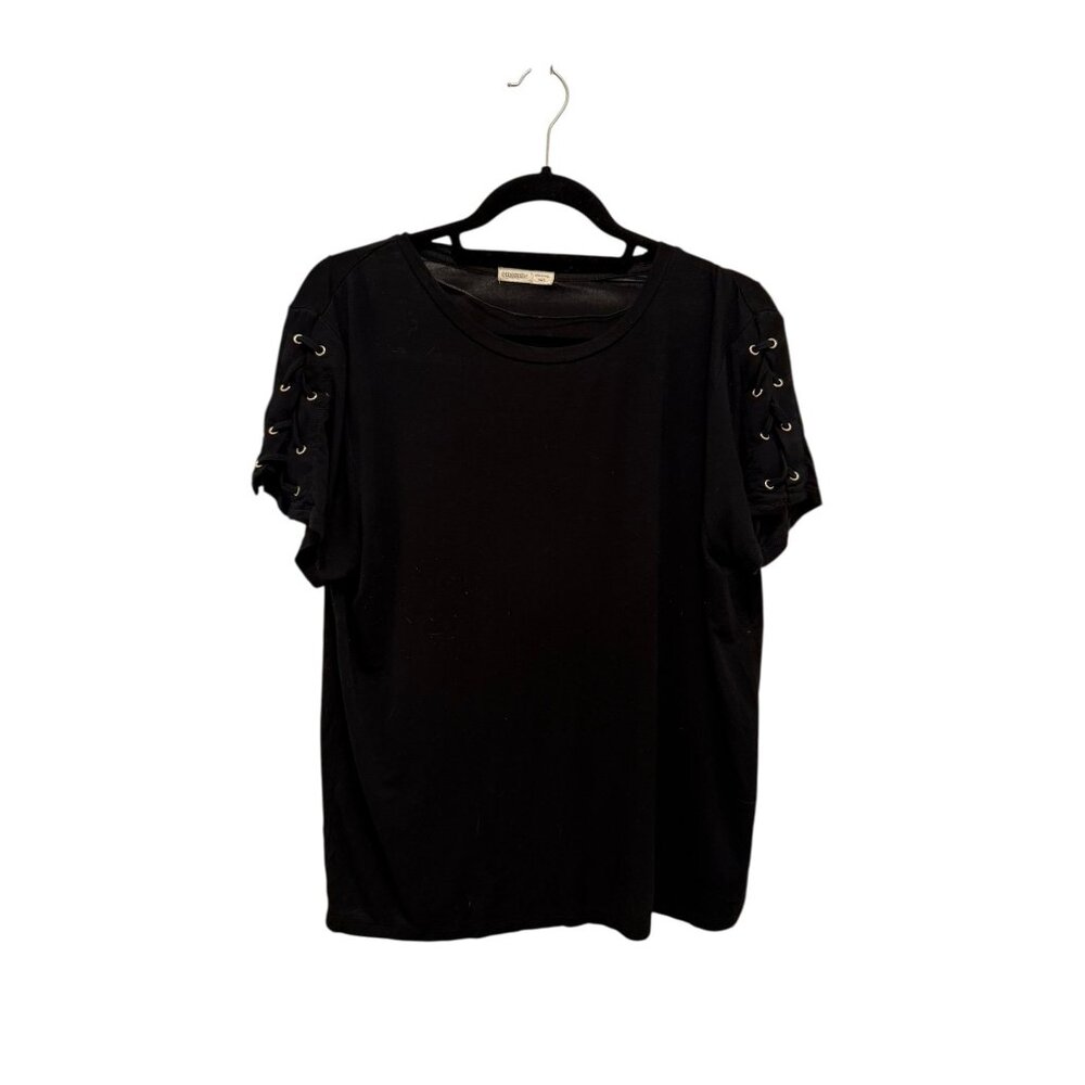 Emerette Black Short-Sleeve Top W/ Lace-Up Arm Detail